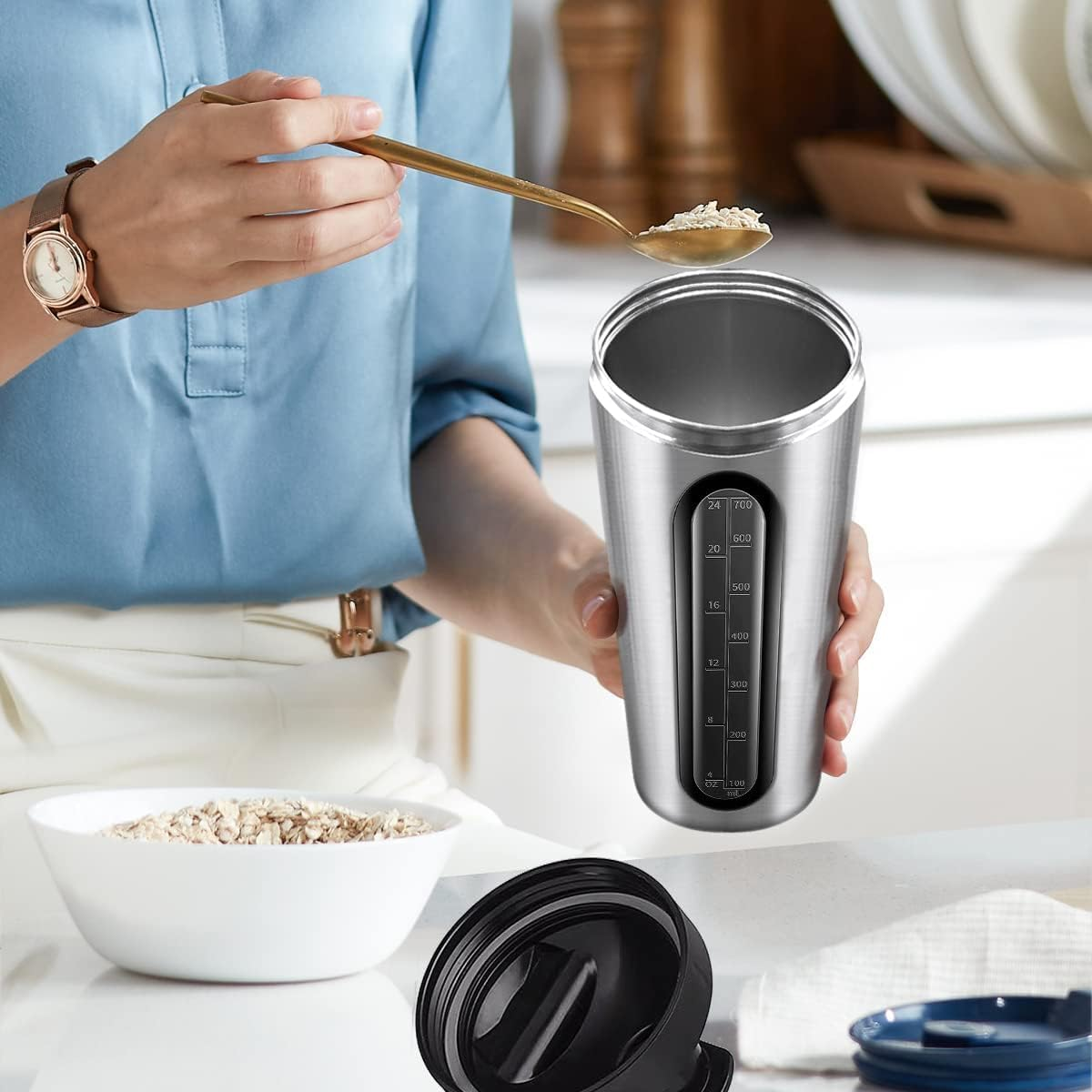 Protein Shaker Bottle, Silver 26Oz Shaker Bottles for Protein Mixes and Pre Workout, Visible Window Stainless Steel Protein Shaker Cup with Shaker Ball, Reusable Gym Drink Shaker Cup image number 2