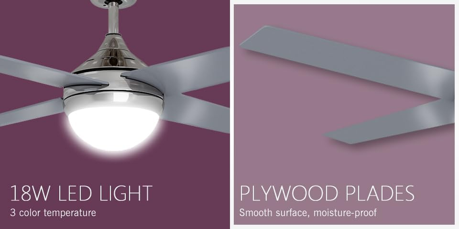 ELEGANT White Ceiling Fans with Remote Control and LED Color Change Light, 4 Reversible Blades 3-Speed, Timer, 48 Inch, Quiet AC Motor Fan Lighting for Living Room image number 2