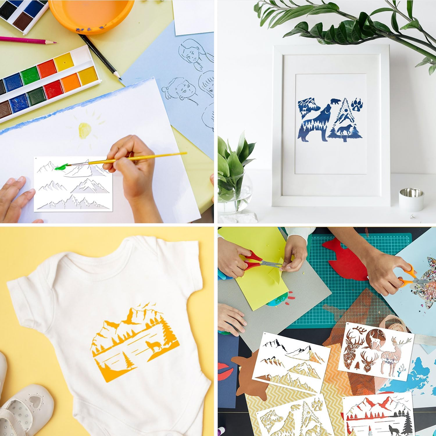 6Pcs Mountain Stencils for Painting on Wood, Reusable Wood Burning Stencils Pine Tree Wildlife Deer Template Forest Pattern Stencils for Wall Drawing Fabric Furniture Canvas Crafts