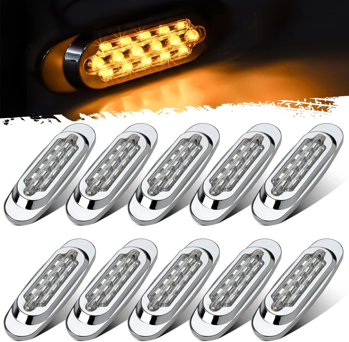 Partsam 10Pcs 6.5 Inch Clear Lens Amber Led Oval Marker Light 16 Diodes Sealed Flush Mount Led Side Marker Lights Turn Signal Lights Cab Panel Lights Replacement for Kenworth/Peterbilt image number 5