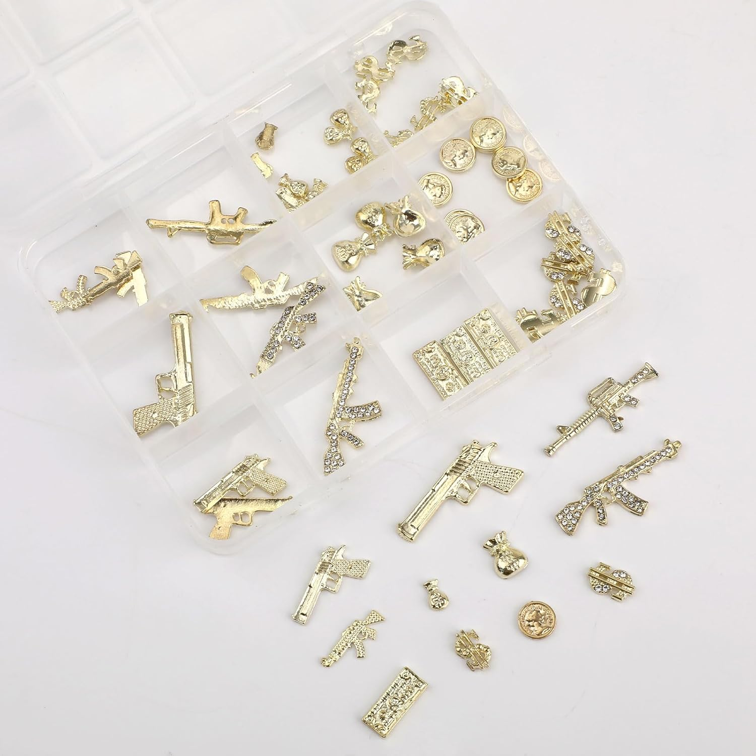 62Pcs 3D Nail Ornaments Gold Alloy Gun Dollar Shape Nail Decoration Accessories for Women Girls Manicure Design DIY Crafts image number 2