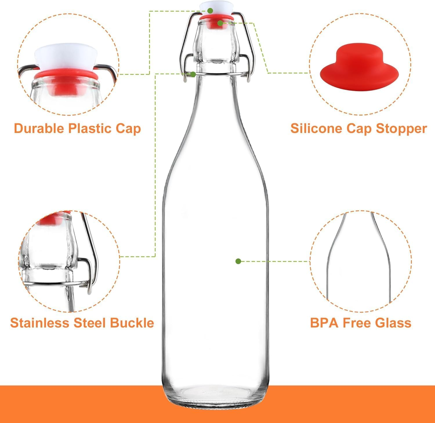 Starwood 32 Oz Clear Glass Bottles with Airtight Silicone Stopper &ndash; Set of 4 Reusable Bottles for Kombucha, Beer, Kefir, Fermentation, Home Brewing, Swing Top Leak-Proof Design image number 5