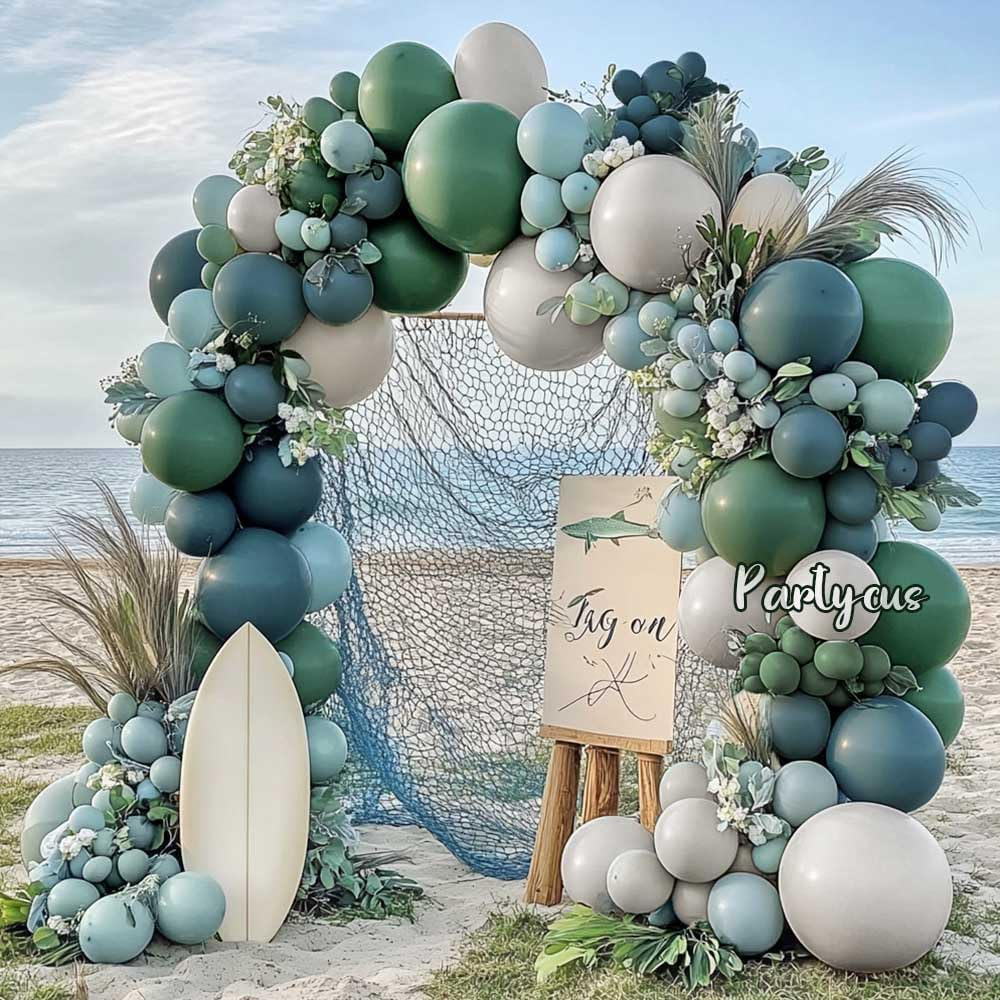 Partycus Dusty Blue and Green Balloon Garland - Double Stuffed Sage Green Teal White Matte Balloons Olive Slate Blue Boho Arch Kit for Baby Shower Neutral Birthday Bridal Party Decoration Medium - Brown,Green image number 4