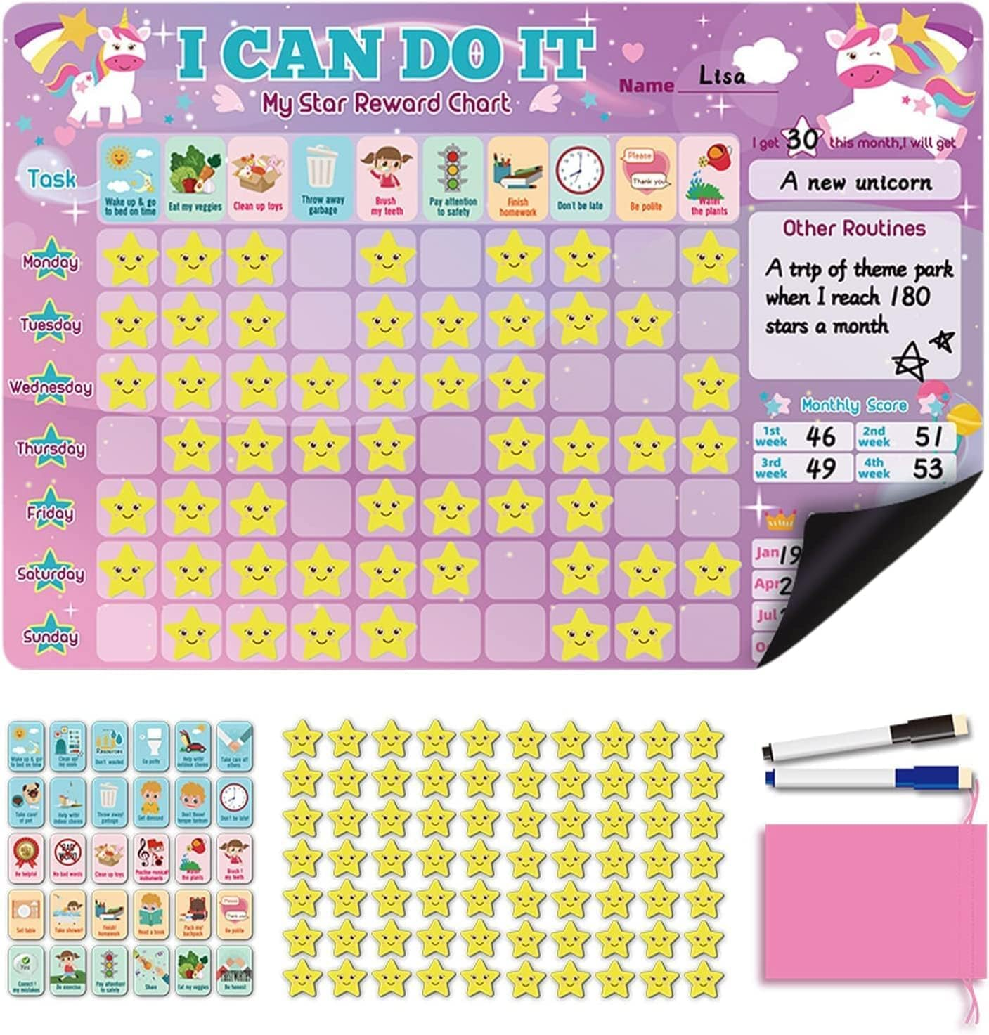 Magnetic Reward Chart/Good Behaviour/Responsibility/Housework Reward/Obvious Chart with Insertable Pen, Behavior Tile and Star Tile 44 * 30Cm (Pink)