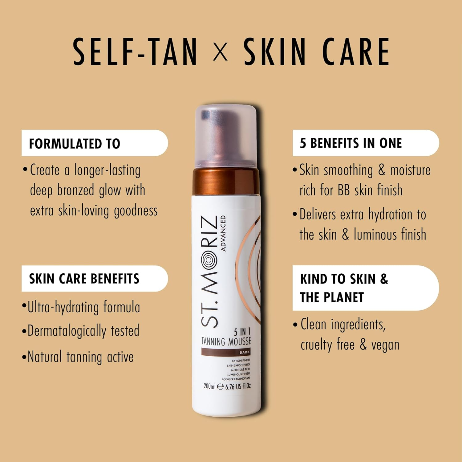 St Moriz Advanced 5 in 1 Instant Tanning Mousse in Dark | 5 Luxurious Benefits &ndash; Skin Smoothing, Moisture Rich, BB Skin Finish & Luminous Finish for Longer Lasting Tan | Vegan Fake Tan | 200Ml image number 5