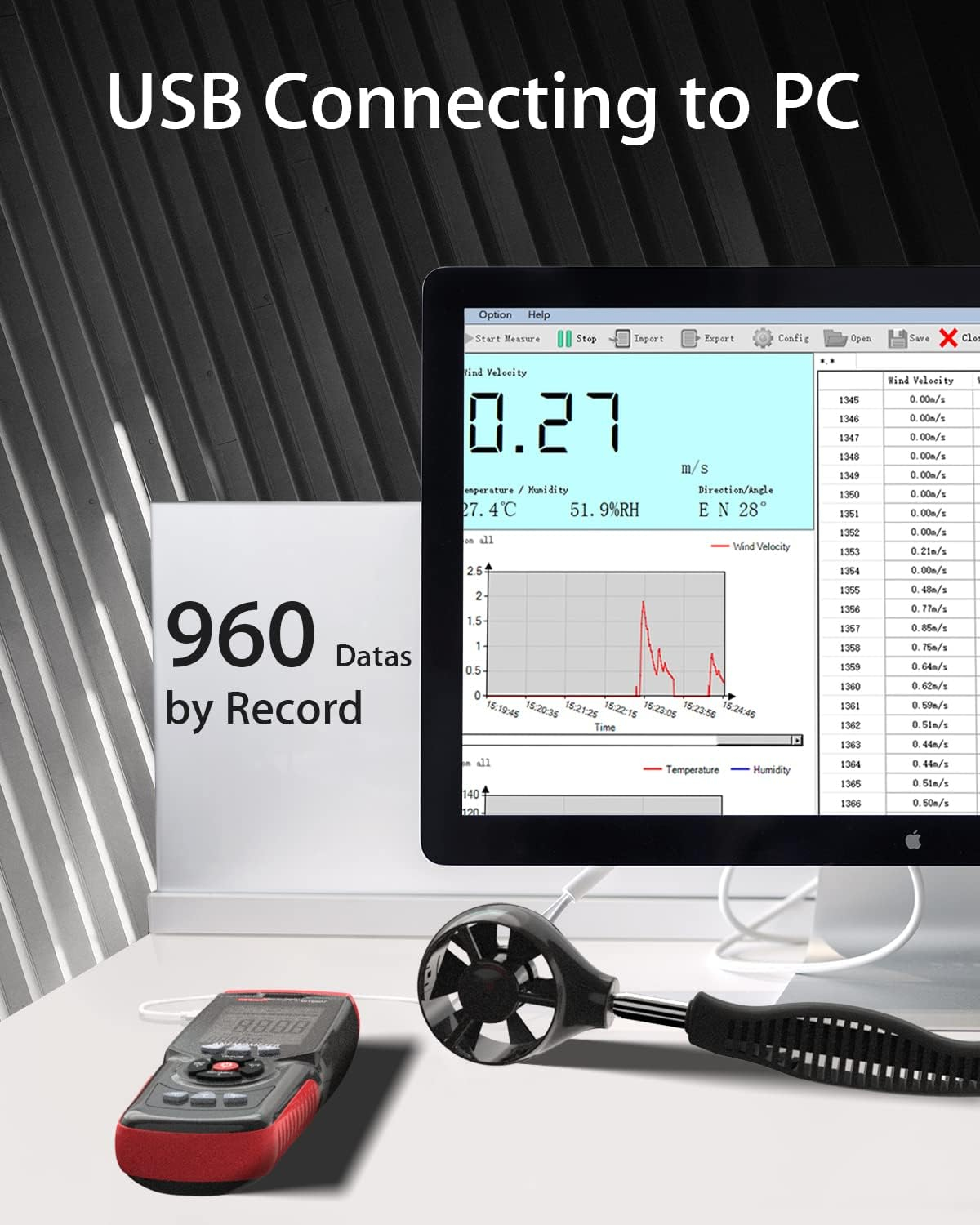 Wintact Digital Anemometer CFM/CMM, Weather Station Wind Speed Meter Gauge Measuring Air Velocity, Wind Volume, Wind Direction, Ambient Temperature, Humidity with Data Logger for HVAC Duct, Outdoor