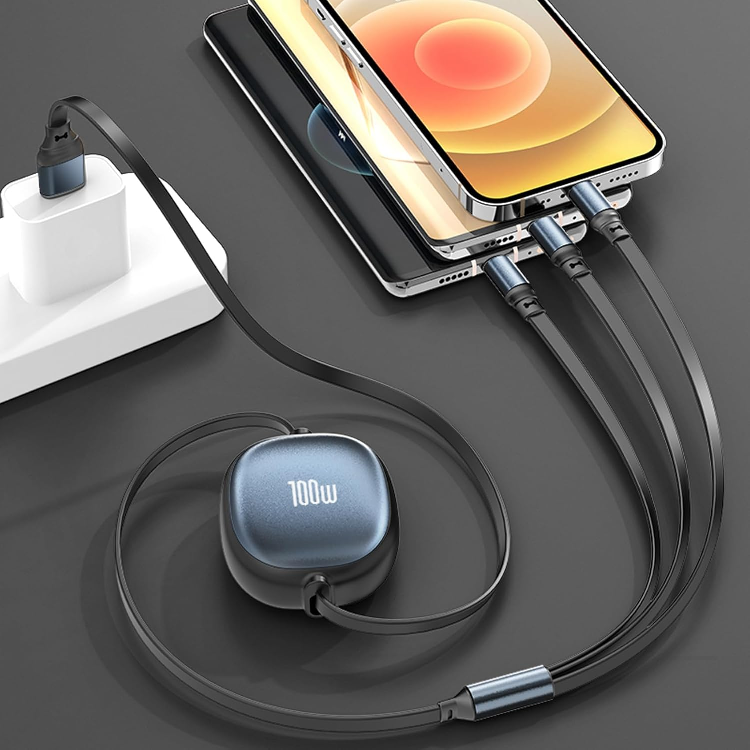 100W Retractable Multi Charging Cable, 3 in 1 Retractable Car Charger with Type C/Lightning/Micro USB Cords for Iphone 16 15 14/Galaxy/Ipad/Ps/Kindle, 4Ft 6A Fast Chargers for Multiple Devices, Black image number 6