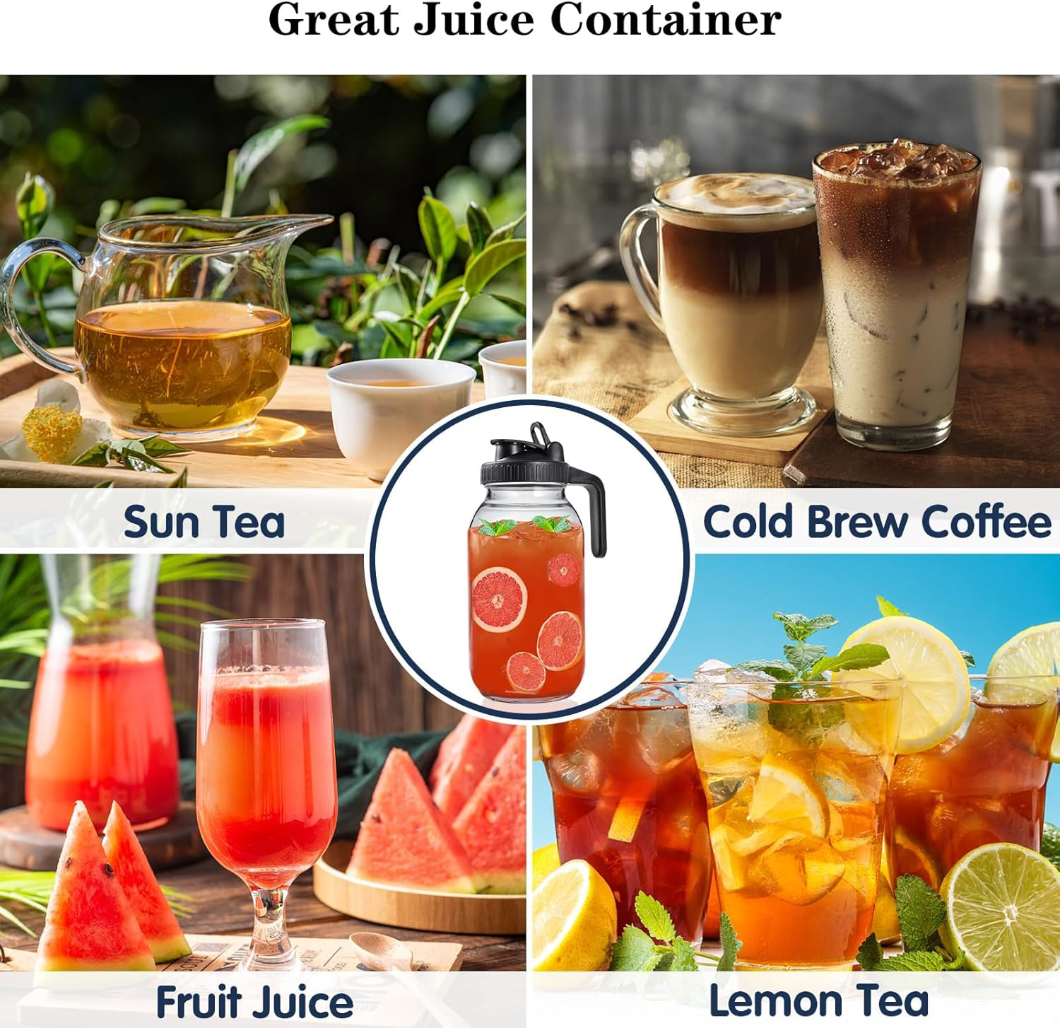 2 Pack Glass Water Jugs with Lid and Spout, 64Oz 1900ML Wide Mouth Mason Jar Pitcher, Leak-Proof Homemade Juice Bottle for Iced Tea Coffee Milk and Drinks image number 5