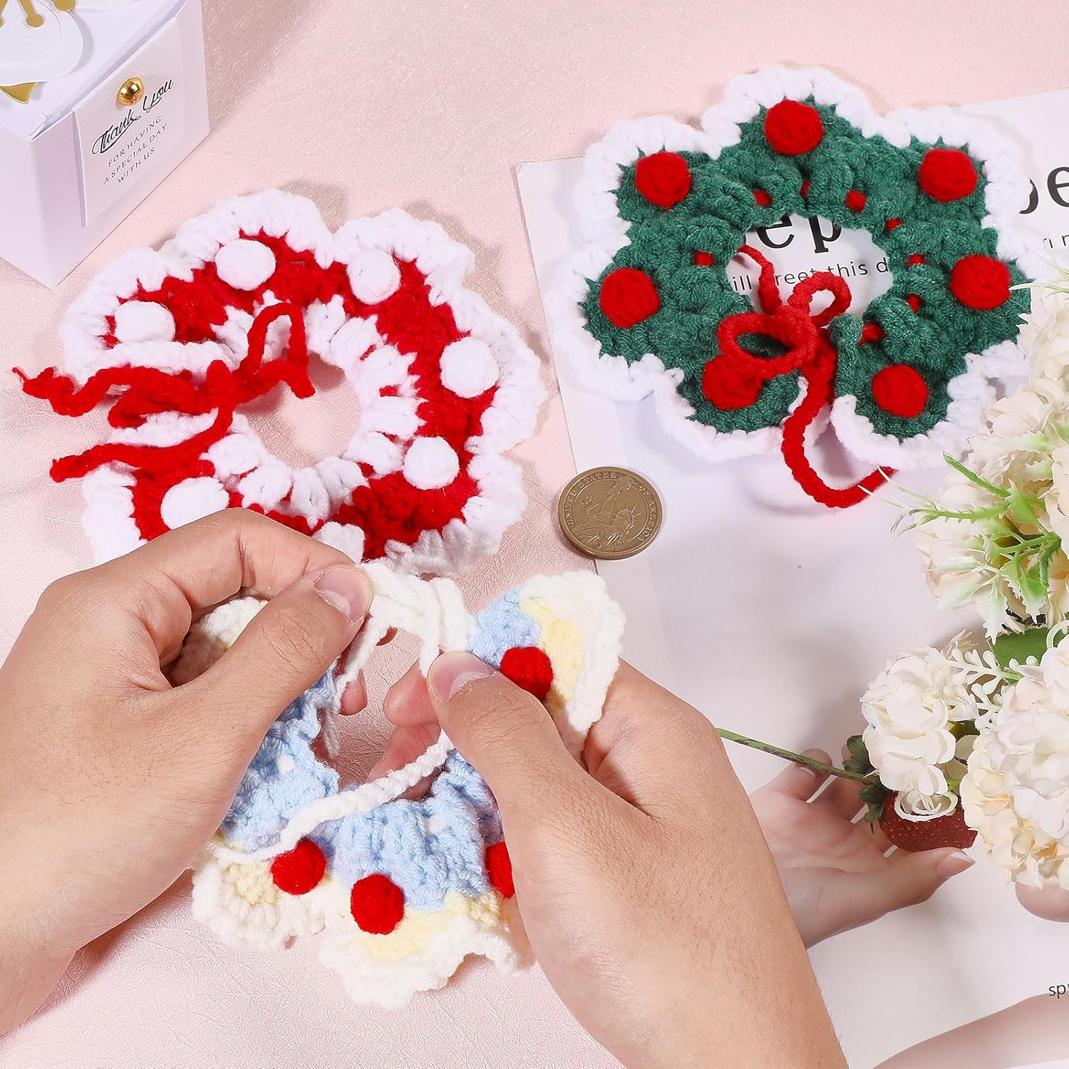 GLOBLELAND 3 Pieces 3 Styles Knitted Cat Collars Cute Dog Bib Cat Drool Towel Handwoven Pet Collar Accessories Warm Safety Pet Towel image number 1