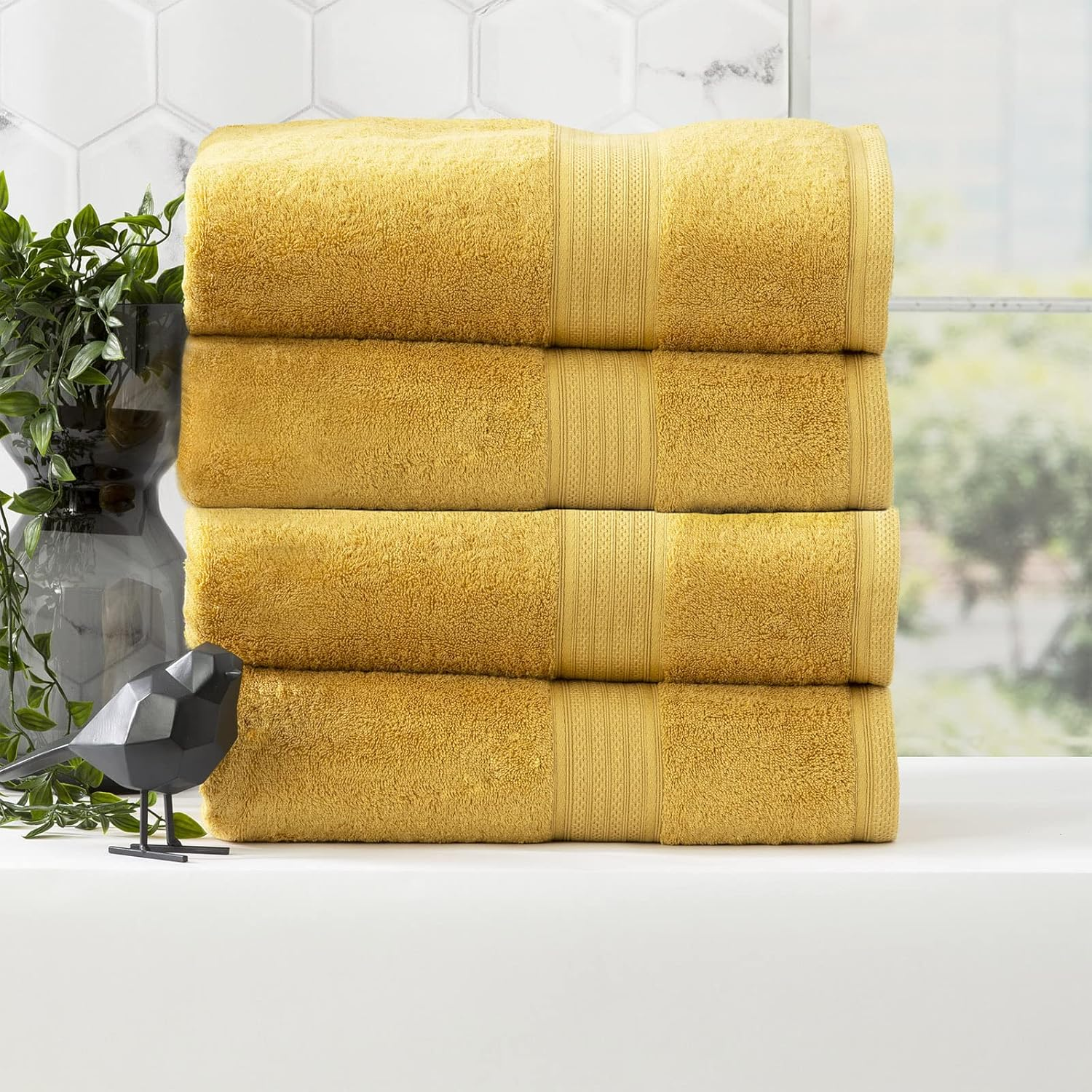 4Pc Renee Taylor Stella Bath Towel 140Cm Soft Bamboo Cotton 650 GSM Mustard image number 7