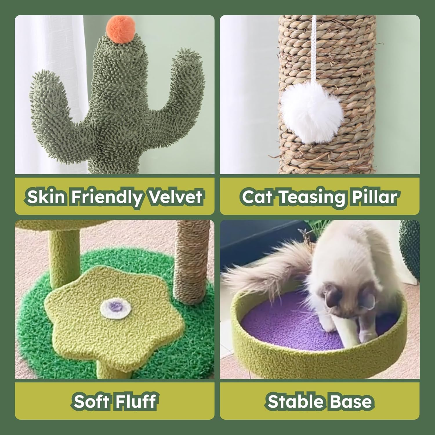Cactus Cat Tree - Cute Cat Tower with Sisal Scratching Post, Plush Perches, and Play Platforms, Fun Cat Activity Tower for Kittens, Small Cats, 70Cm Tall