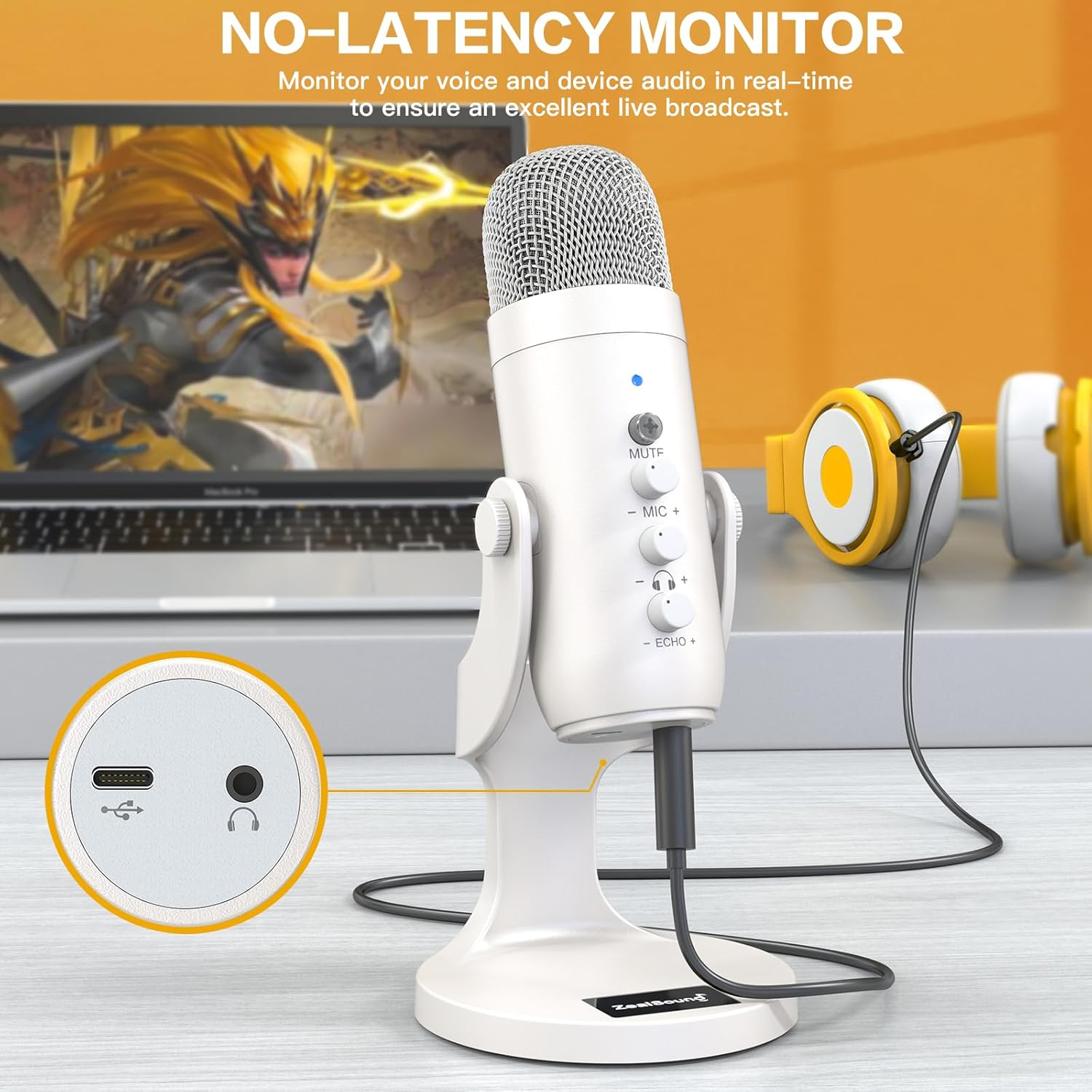 Zealsound USB Microphone,Quick Mute Noise Cancel for Phone Computer PC Ps5,Gaming Microphone with Gain Control,Echo Monitor Volume Adjust for Streaming Vocal Recording ASMR Podcast Video K66 White image number 5