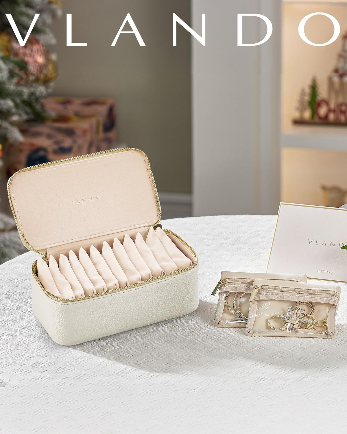 Vlando Travel Jewellery Organiser,Pu Leather Jewellery Box with 12 Velvet Jewellery Pouch, Jewellery Case for Necklace,Ring, Gifts for Women, White-L image number 1