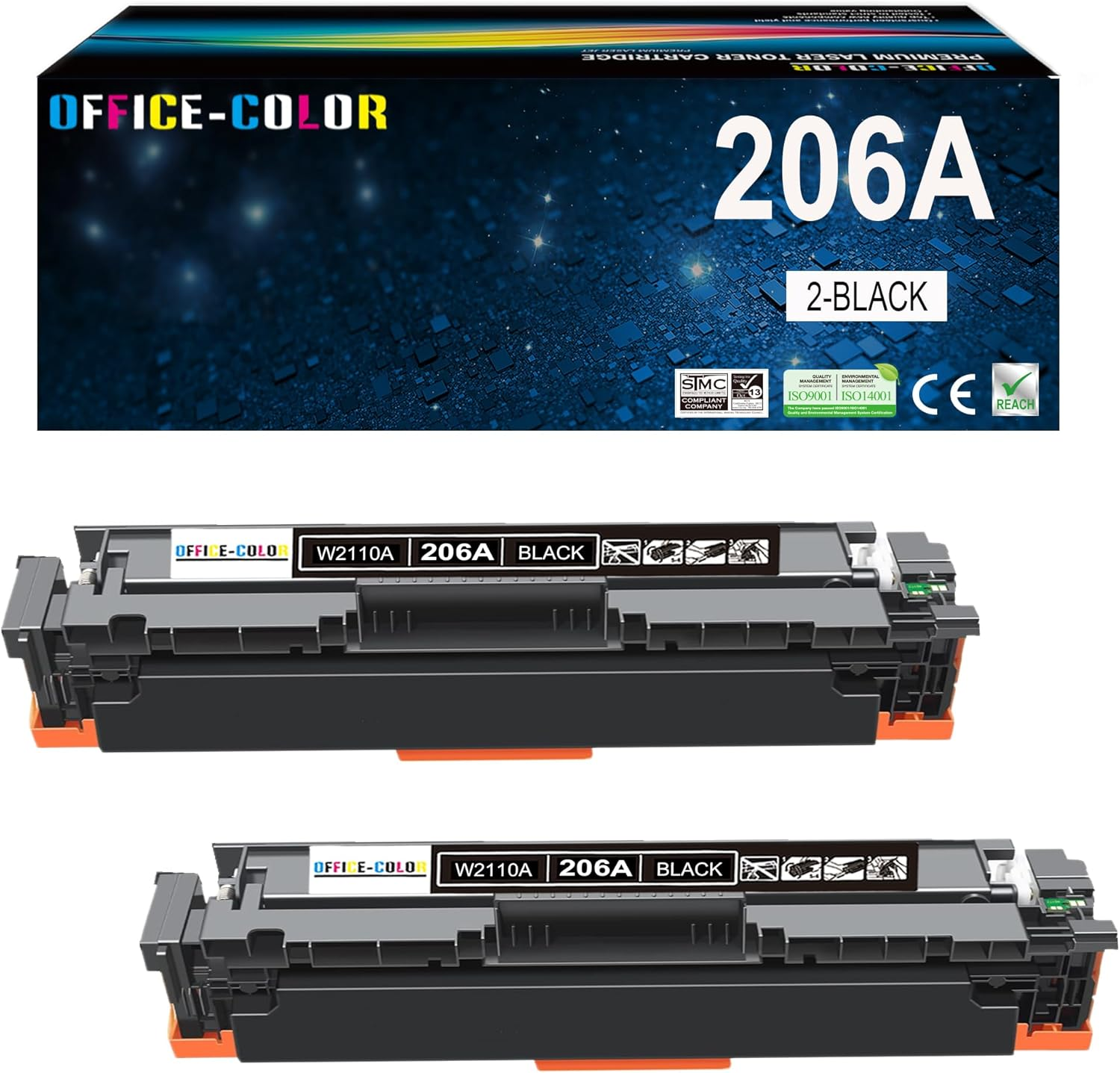 OFFICE-COLOR 2 Pack Replacement for HP 206A Black Toner Cartridge (With Upgraded Chip) W2110A for HP Color Laserjet Pro MFP M283Cdw M283Fdw M282Nw M255Dw,M255Nw Toner Printer Ink