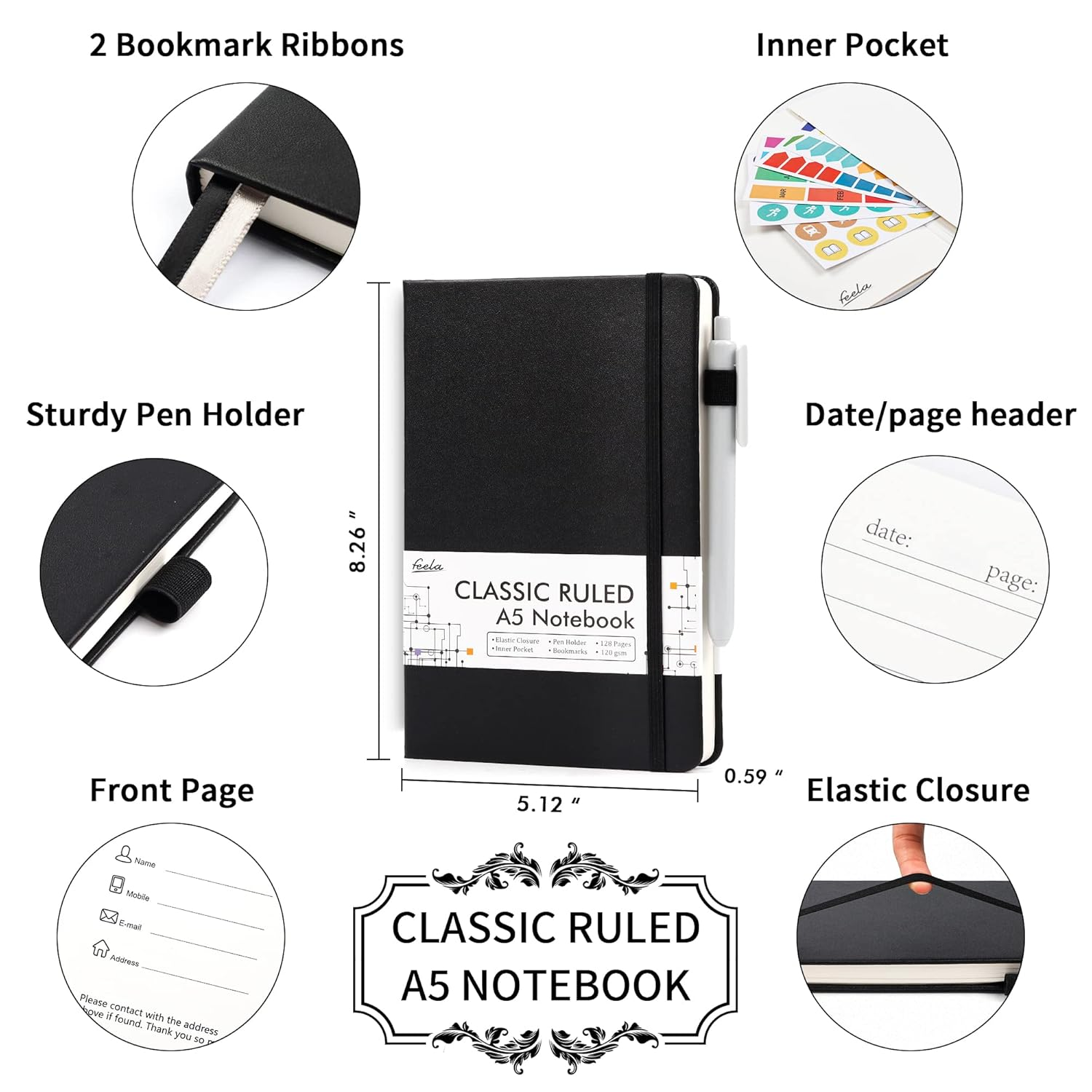 Feela 12 Pack Notebooks Bulk with 12 Black Pens, A5 Hardcover Notebook Classic Ruled Journal Set with Pen Holder for School Business Work Travel Writing, 120 GSM, 5.1&rdquo;X8.3&rdquo;, Black image number 5