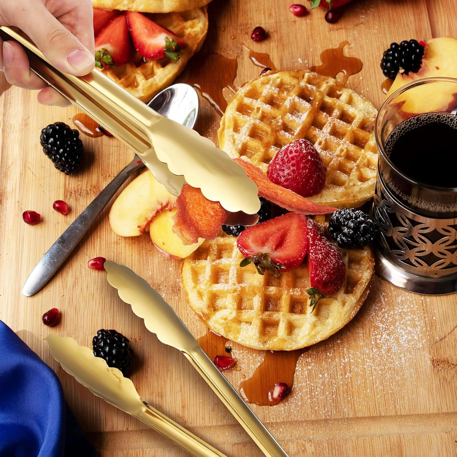 Luxshiny 4Pcs Golden Stainless Steel Serving Tongs for Cooking, BBQ, Grilling, Appetizer, Dessert, Ice Bucket, Sugar Cubes image number 2