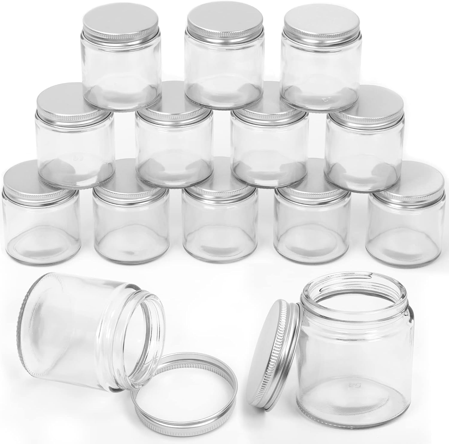 Swpeet 12 Packs 4 Oz - 120ML Transparent Glass Jar with Silver Lid Assortment Kit, round Containers Cosmetic Glass Jars with Lids Travel Jars Cosmetic Containers for Cream, Lotion image number 5