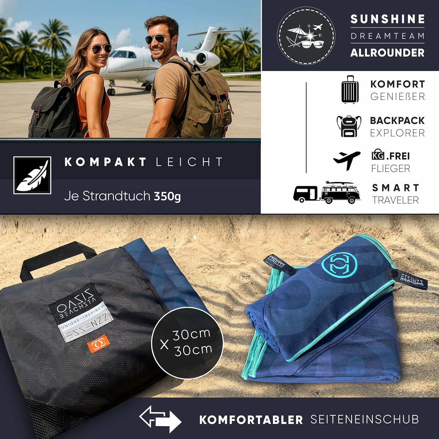 ESSENZZ Beachsta - Innovative Microfibre Bath Towel Large / 2 X Beach Towels - Set of 2 Bath Towels Large 90 X 180 Cm = Beach Towel XXL 170 X 180 Cm Beach Blanket Beach Mat image number 4