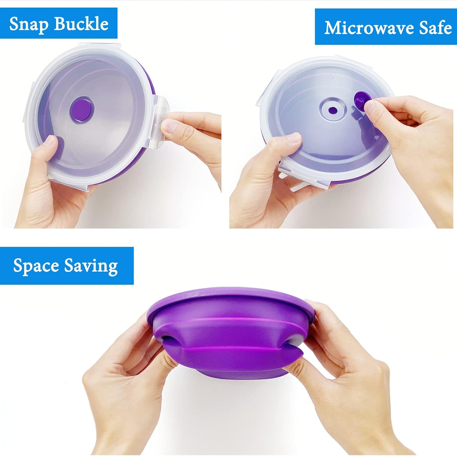 Lunbengo 1200Ml Large Camping Bowl with Foldable Spoon, Collapsible Bowl with Lid, Silicone Bento Box, for Travel Camping Meal Prep & Food Storage, Microwave Dishwasher Safe, Purple - Purple image number 5