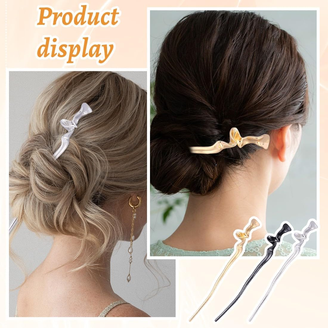 JYNXOR 3 Pieces Hair Stick, Metal Hair Stick, Hair Pins, Large Chinese Hairpin, Elegant Retro Style Hair Sticks, Shiny Long Hair Pins, Chignon Pins for Women, Bun Decorative Hair, Solid Hairstyle image number 4