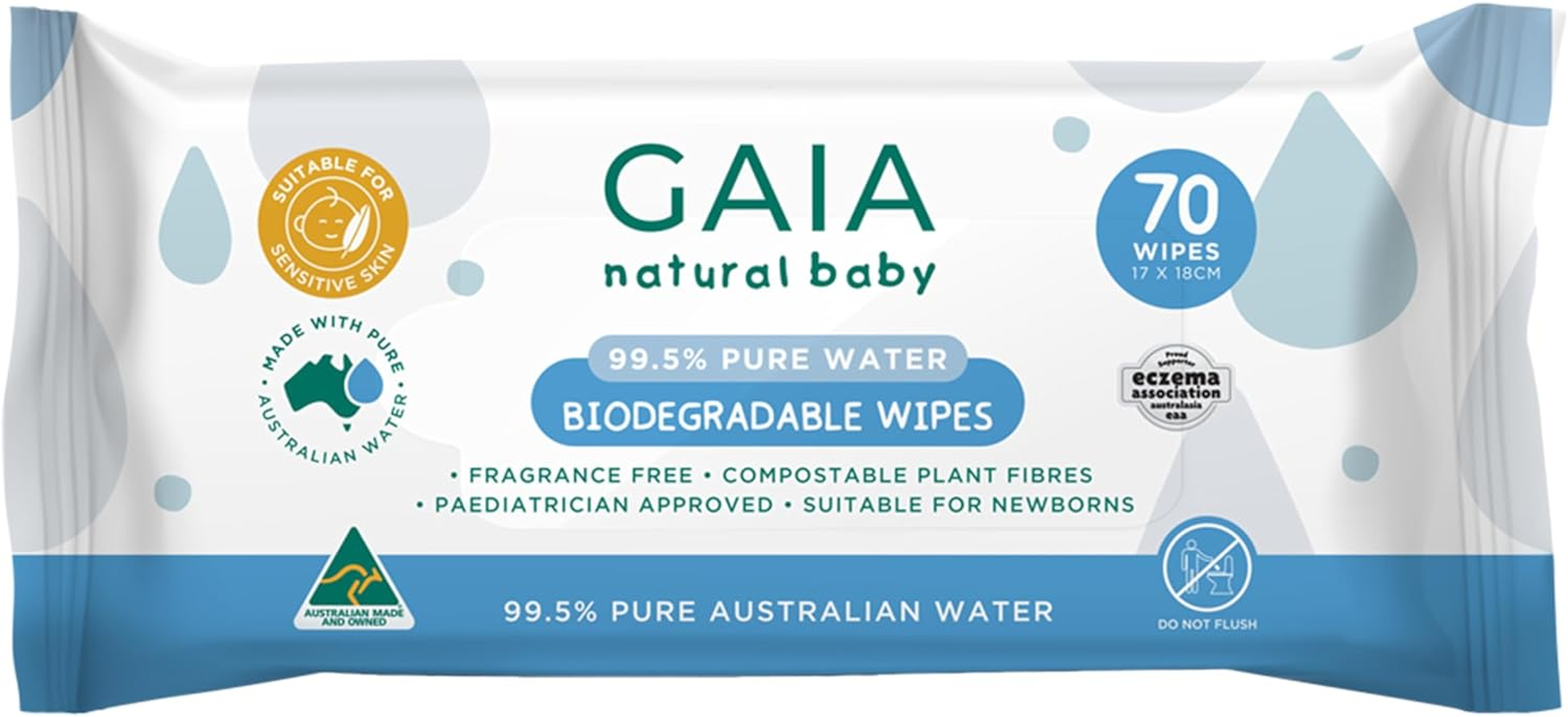 GAIA Natural Baby 99.5% Pure Water Wipes | Pure Australian Water | Paediatrician Approved | Dermatogically Tested | Suitable for Sensitive Skin | Suitable for Newborns | Australian Made | 8X70Pk image number 6