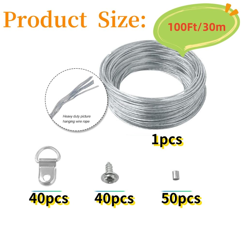 131 Pcs Picture Hanging Kit,100Ft Stainless Steel Picture Frame Wire Heavy Duty with D Ring Hangers and Crimping Sleeves Rope for Wall Art and Picture Hanging Wire