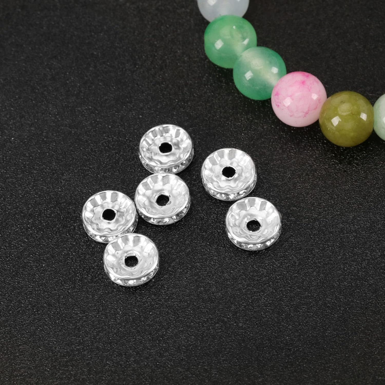 Emagtech 150PCS Rondelle Spacer Beads Shiny Rhinestone Loose round Beads for Bracelet Necklace Earring Jewelry Making Decorations 6Mm 8Mm 10Mm 50PCS Each Size Silver image number 2