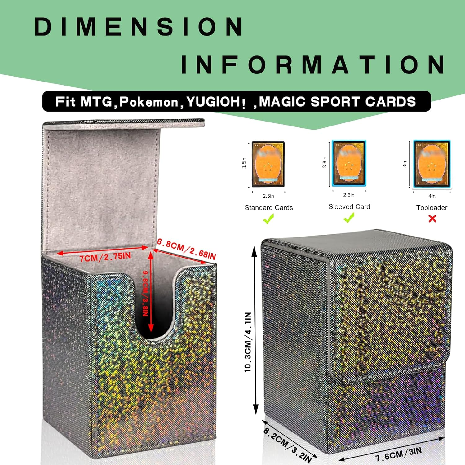 Dmoicols Sparkly Card Deck Box Holds 100+ Single Sleeved Cards,Leather Card Storage Case,Mtg Commander Deck Box with 2 Dividers Fit TCG CCG Magic Cards Vertical(Sparkly Black Point) image number 4