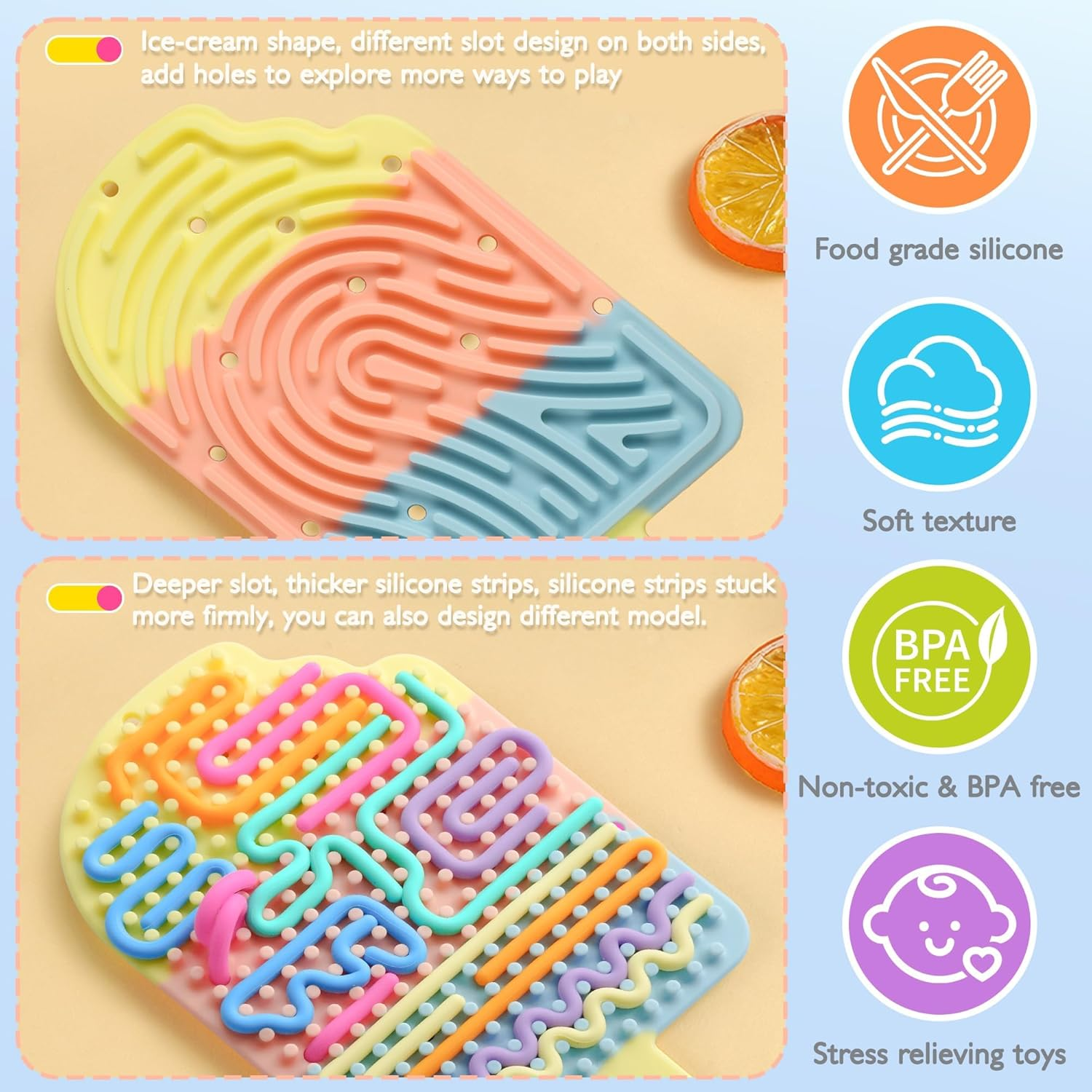 Silicone Sensory Activity Board, Double-Side Fidget Toy for Anxiety, Stress, ADHD, Autism and Calming, Silent, No Mess, Sensory Board with Portable Travel Bag & 12 Strings, Kids 3+ & Adults, Colorful image number 1