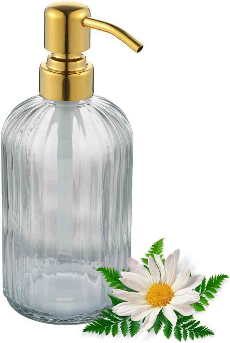 GULICA Glass Soap Dispensers Brushed Gold, for Kitchen and Bathroom, Heavey Glass Bottle 15Oz, Stainless Steel Head