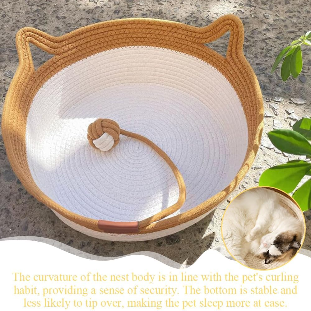 Cotton Rope Cat Basket, Foldable Woven Cat Litter, Cute Pet Bed with Play Rope Ball, Environmentally Friendly Woven Pet Sleeping Basket, Washable for Small Animals image number 3