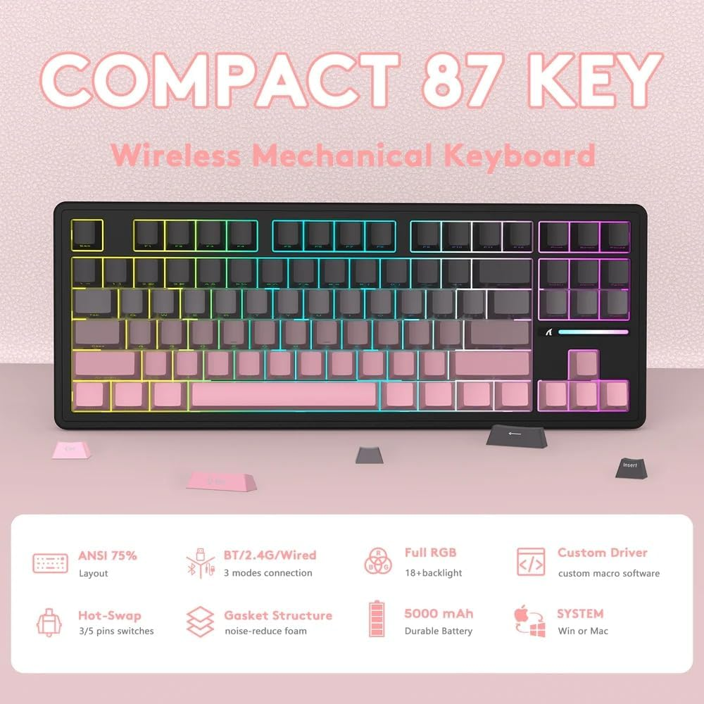 Attack Shark M87 TKL Wireless Mechanical Gaming Keyboard, BT 5.0/2.4G/USB-C Wired Hot Swap RGB Keyboard 80% US Layout, Linear White Switches Gradient Side Print PBT Keycaps for PC Mac - Blackberry image number 2