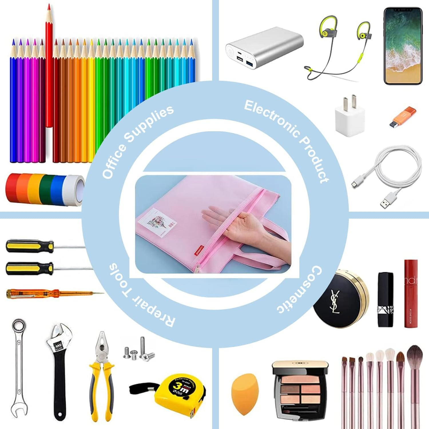 Zip File Pouch,A4 Document Bag, Zippered Handbag, Books Carry Bag Waterproof Double Zippers Pockets for Office Travel (Blue) image number 3