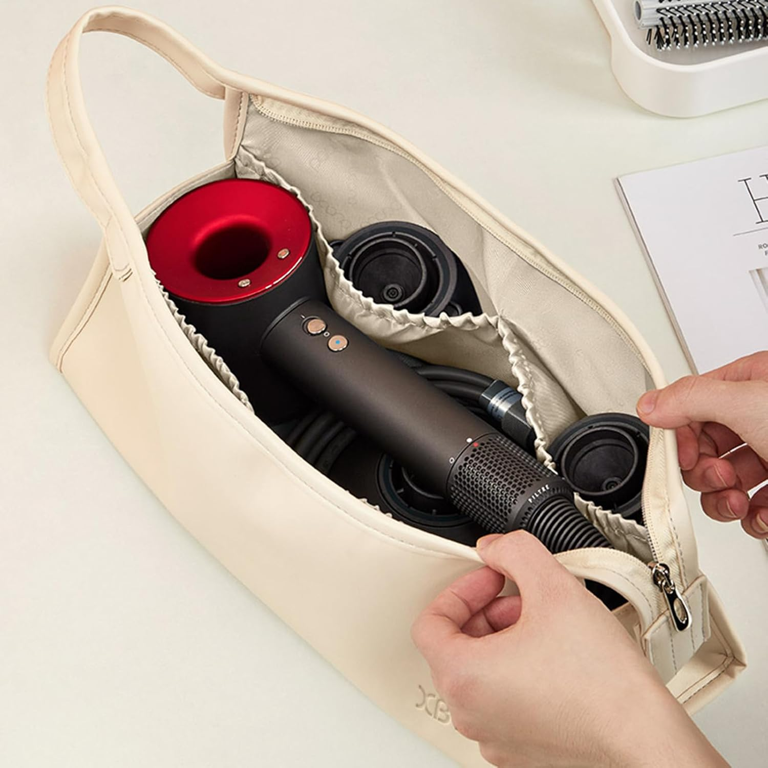 Veki PU Leather Travel Case for Airwrap Styler, Portable Travel Storage Bag for Shark Flexstyle Air Styling & Drying System, Waterproof Carrying Case Organizer Airwrap Styler and Attachments, Beige, - Black image number 3