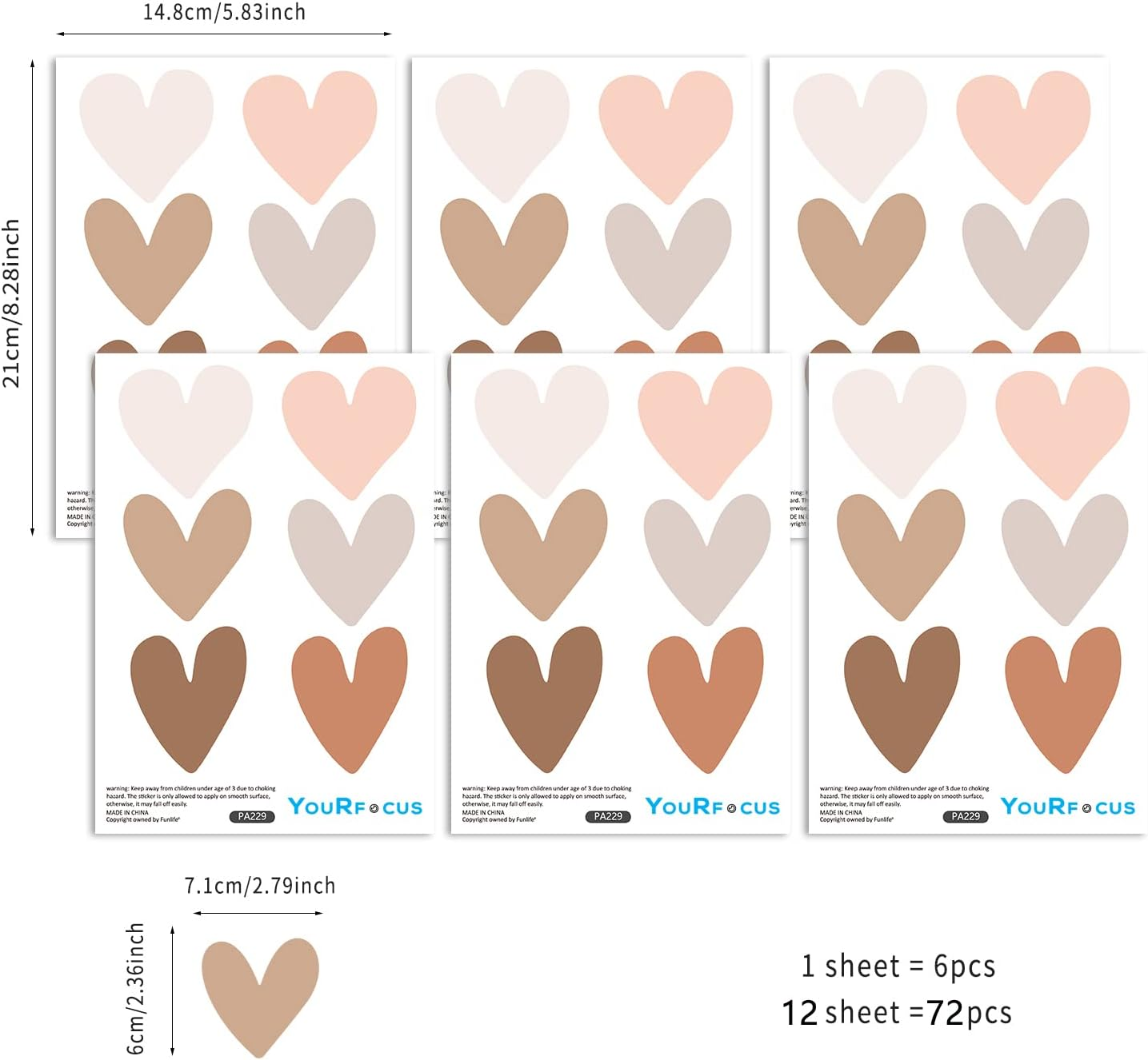 Boho Wall Decal for Girls Bedroom 72 PCS, Boho Heart Wall Stickers Peel and Stick for Nursery Kids Room D&eacute;cor, Removable Wall Decals Vinyl Murals DIY Cute Decorations (12 Sheets)