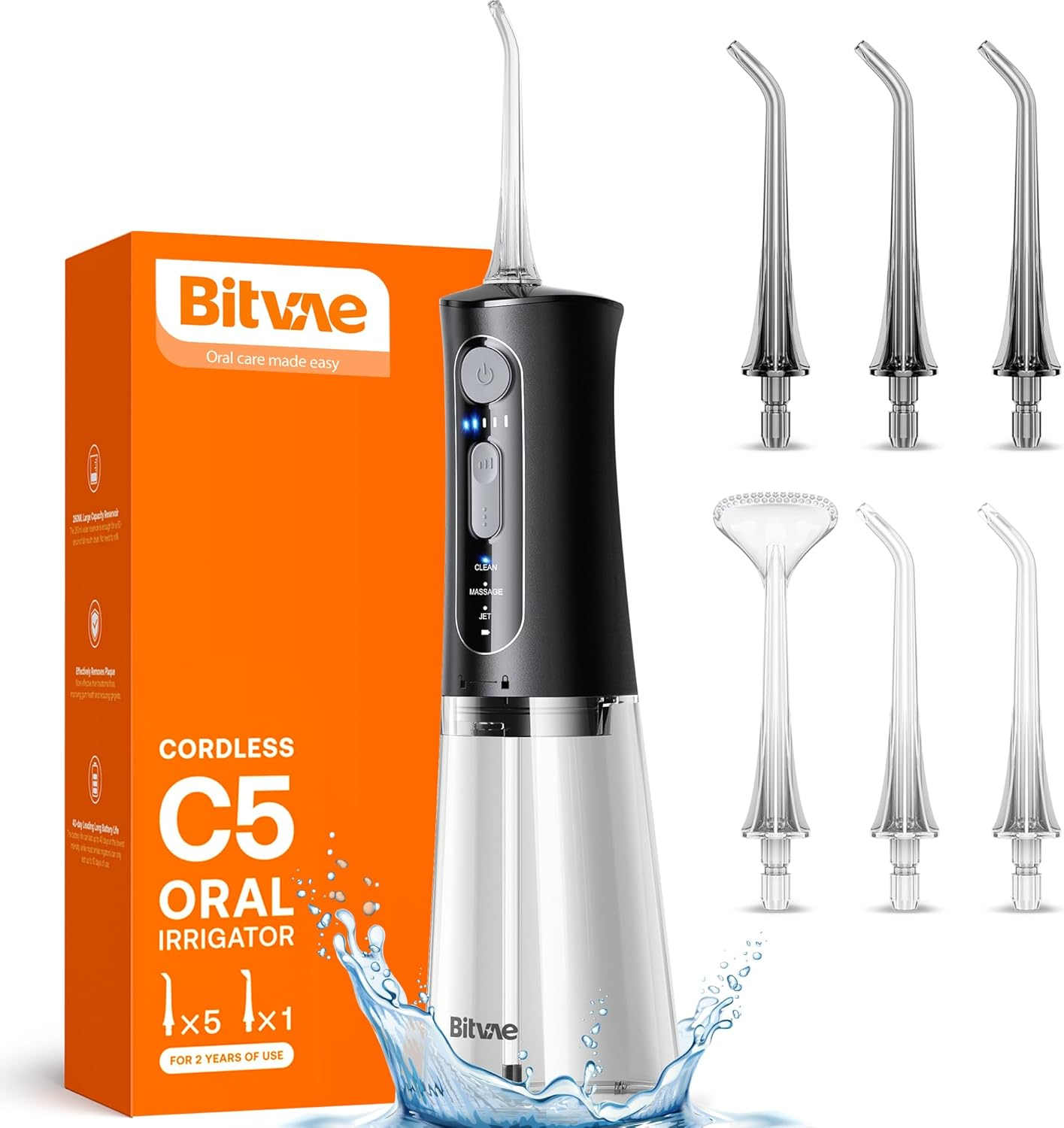 Bitvae Professional Water Dental Flosser for Teeth Cordless, Rechargeable Water Dental Picks with 3 Modes & 5 Intensities, 40-Day Battery Life, IPX7 Waterproof, Portable for Travel, Black image number 4