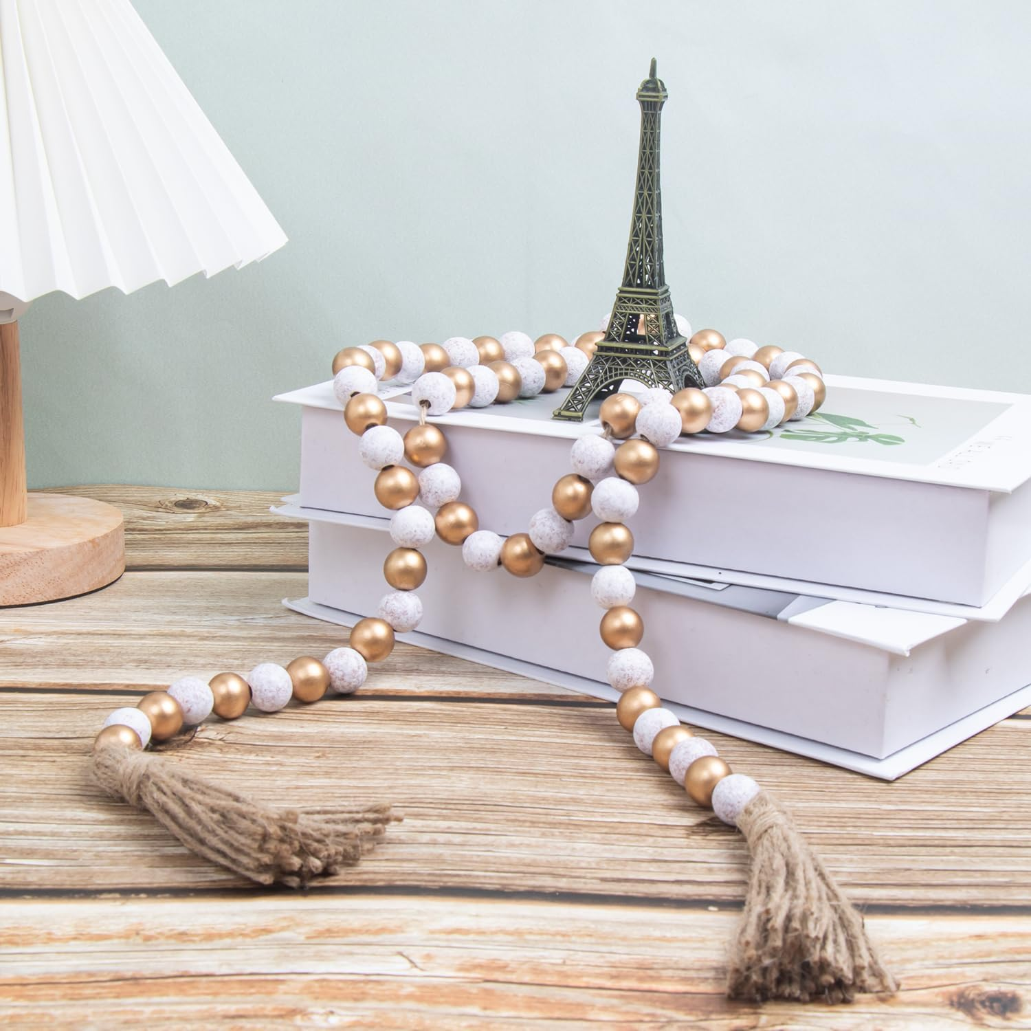 Wood Bead Garland with Tassels Home Decor Beads Prayer Beads Farmhouse Beads Wall Hanging Decor (143,Gold&Wash White) image number 3
