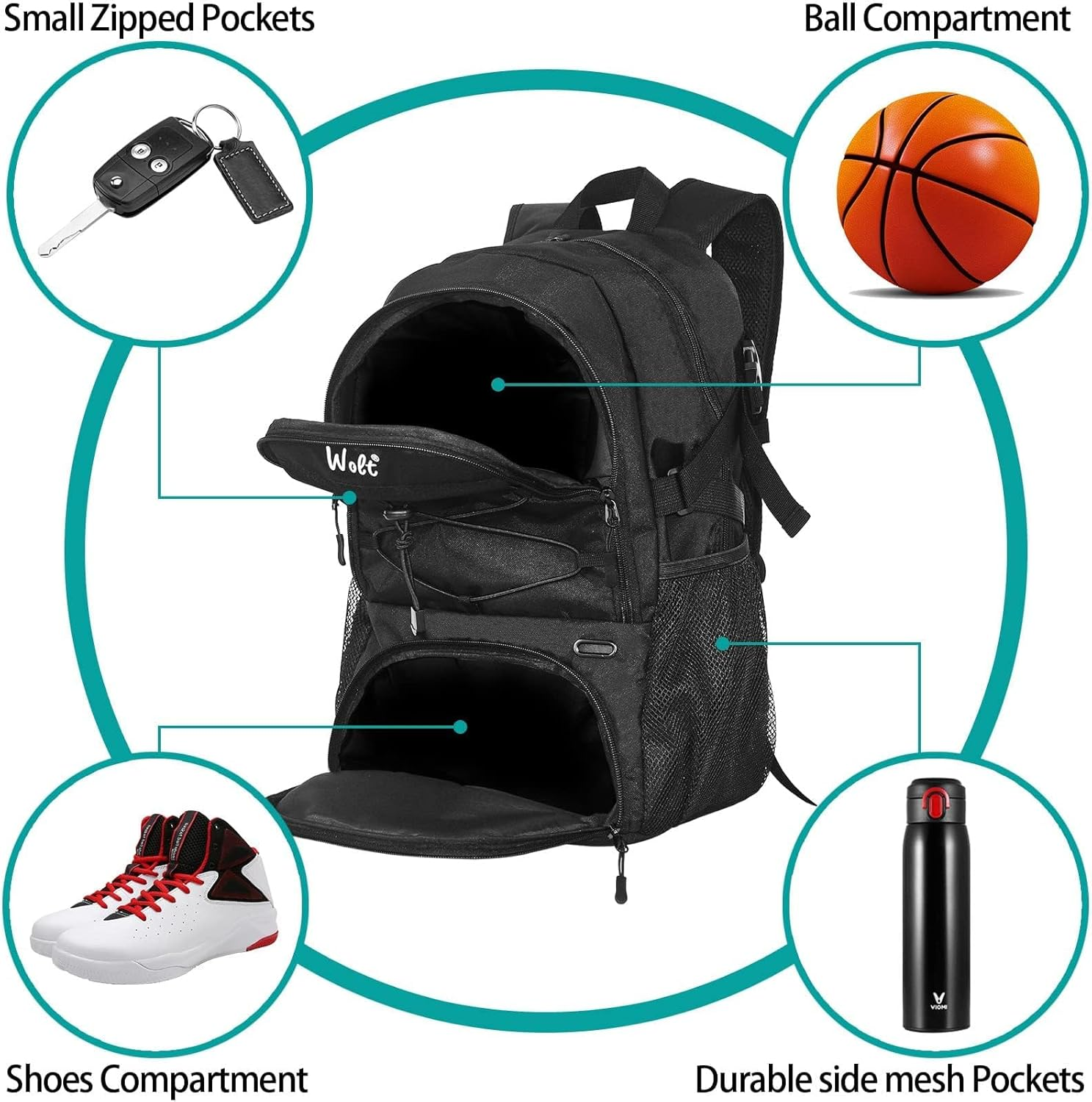 Basketball Backpack Large Sports Bag with Separate Ball Holder & Shoes Compartment, Best for Basketball, Soccer, Volleyball, Swim, Gym, Travel image number 2