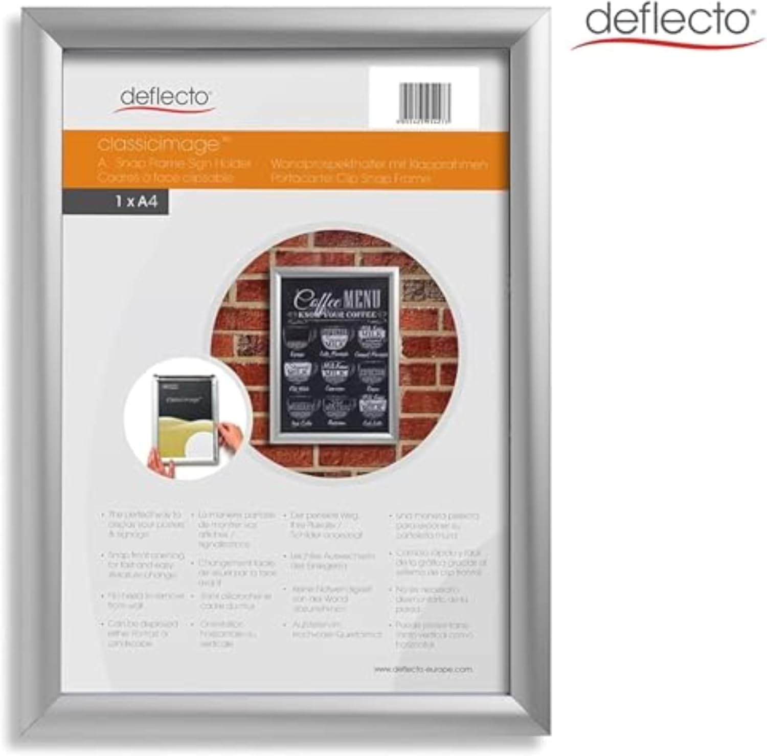 Deflecto SFA4S A4 Wall Snap Frame/Poster Holder - Silver