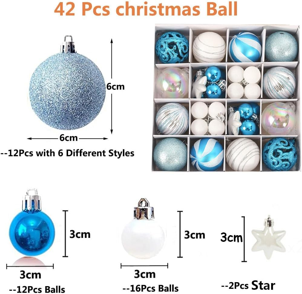 Idopick Christmas Ball Ornaments Set, 42PCS Assorted Shatterproof Christmas Tree Christmas Baubles Balls Ornaments with Hanging Hoop for Holiday Wedding Party Decoration (Blue) - Golden image number 3