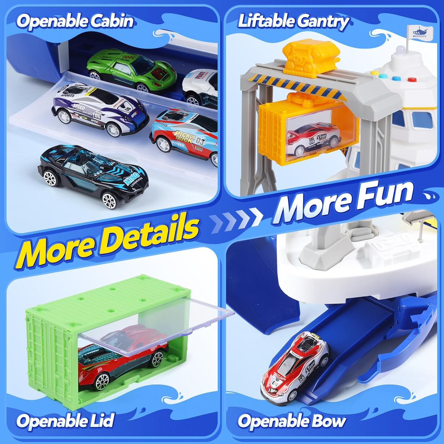 CUTE STONE Cargo Ship Toy & Gantry Crane, Toy Boat and Crane Playset with Sounds & Lights, Transport Containers, Push and Go Vehicle Cars, Kids Play Boats for Boys Girls image number 1