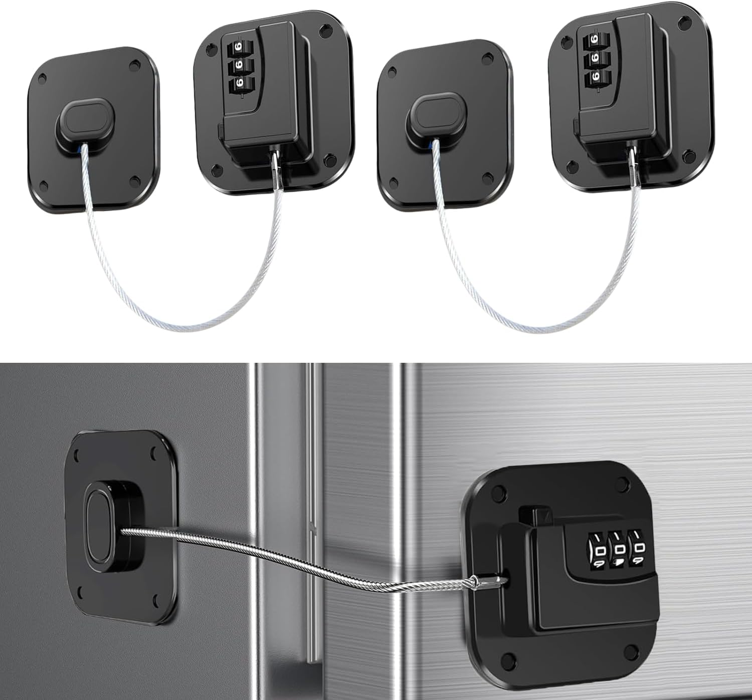 Refrigerator Lock (2 Pack), Heavy Duty Combination Fridge Lock, for Fridge, Cabinets, Window, Drawers and Child Safety Cabinet Locks, Strong Non-Marking Adhesive No Drilling (A, Black) image number 2