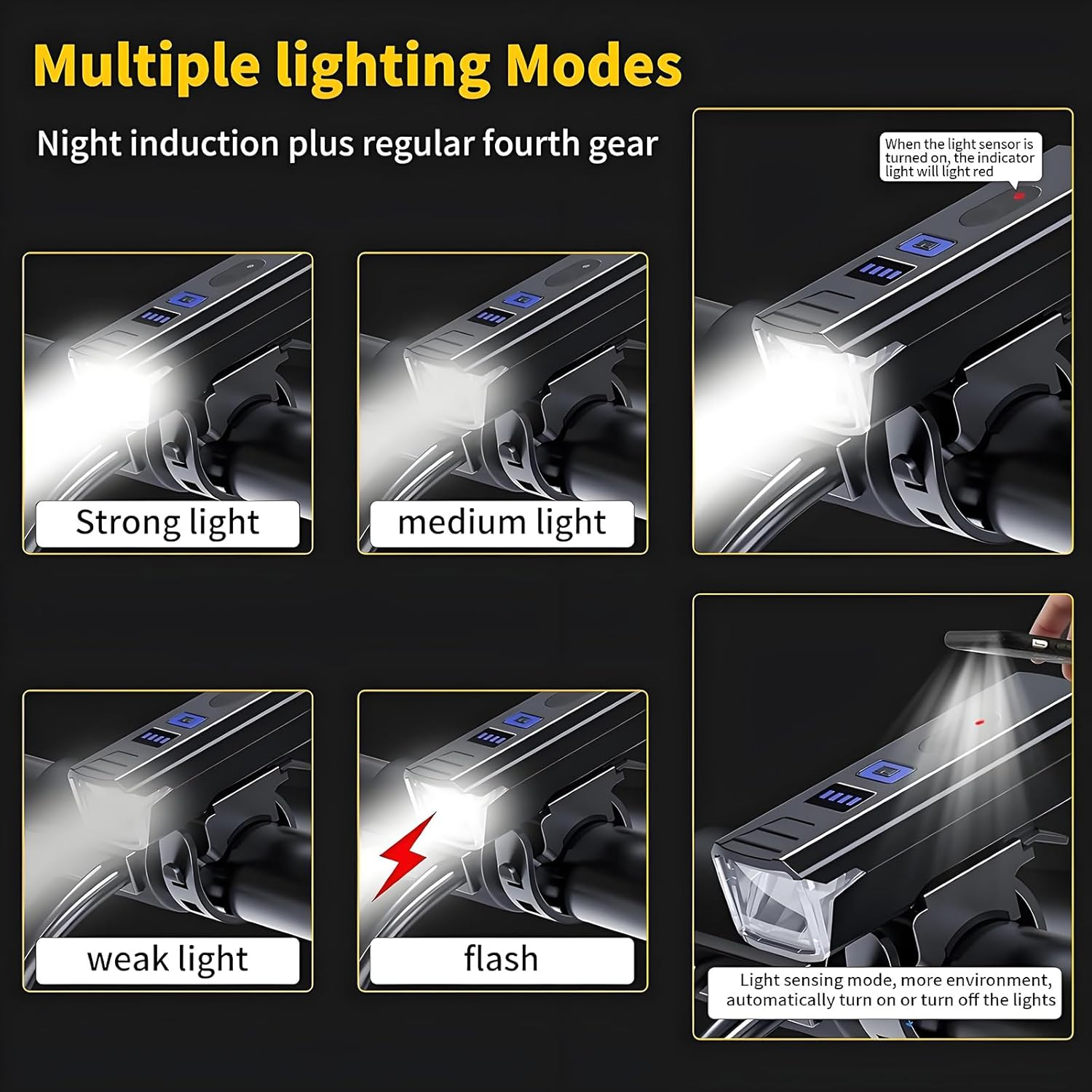 Anberyoo Bike Lights Front and Back, IPX6 Waterproof USB Rechargeable Bicycle Lights with Daylight Sensor, Battery Display, 4 Modes Super Bright 1200 Lumens LED Bike Light for Night Riding image number 3