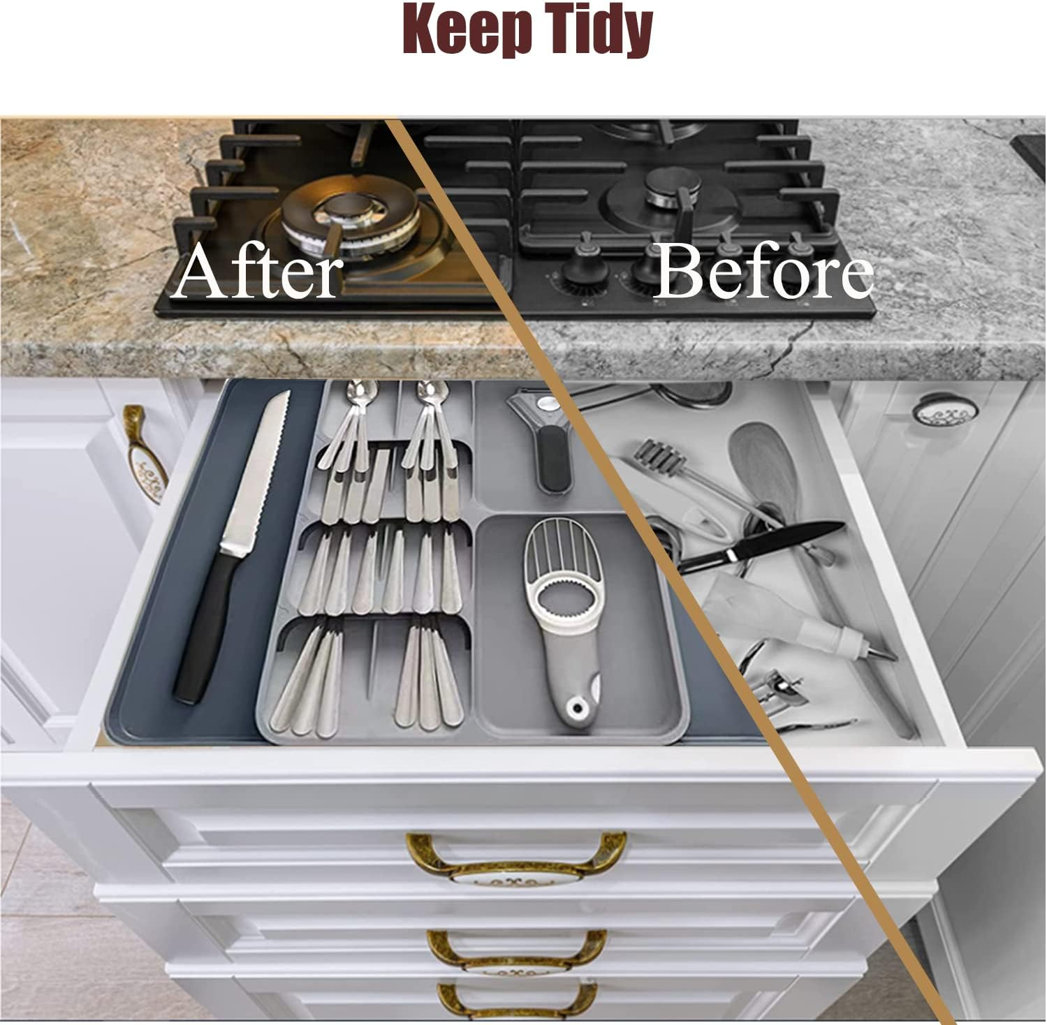 FOREVERIE Extendable Cutlery Drawer Organiser & Utensil Tray &ndash; Adjustable Width (28-53Cm), 39Cm Organizer Depth (Fits 40Cm+ Drawers), 5.5Cm Low Profile, Knife, Fork & Spoon Storage, Space Saving Grey image number 2