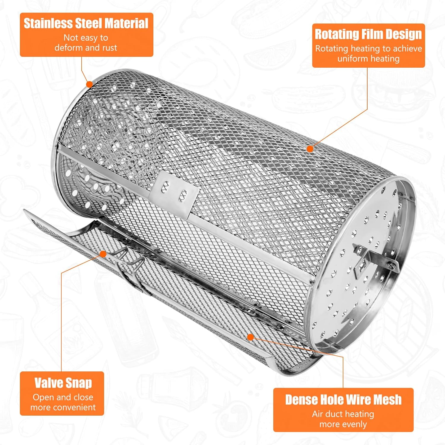 Stainless Steel Rotating Grill Basket, 360 Degree Rotation BBQ Grill Cage for Vegetable Fries Fish Shrimp, Dishwasher Safe Rolling Grilling Basket for Outdoor BBQ (Style3) image number 1