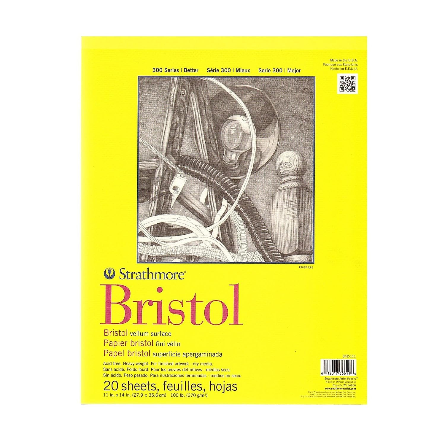 Strathmore 300 Series Bristol Paper Pad, Vellum, Tape Bound, 11X14 Inches, 20 Sheets (100Lb/270G) - Artist Paper for Adults and Students - Charcoal, Pen and Ink, Marker, and Pastel