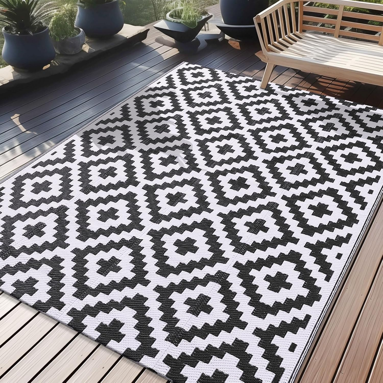 120X180Cm Waterproof Outdoor Rug, Reversible Plastic Straw Patio Rug for Camping, RV Mat Outside, Indoor Outdoor Carpet for Porch, Deck, Backyard, Camper, Balcony, Picnic, Black (Black & White) image number 2