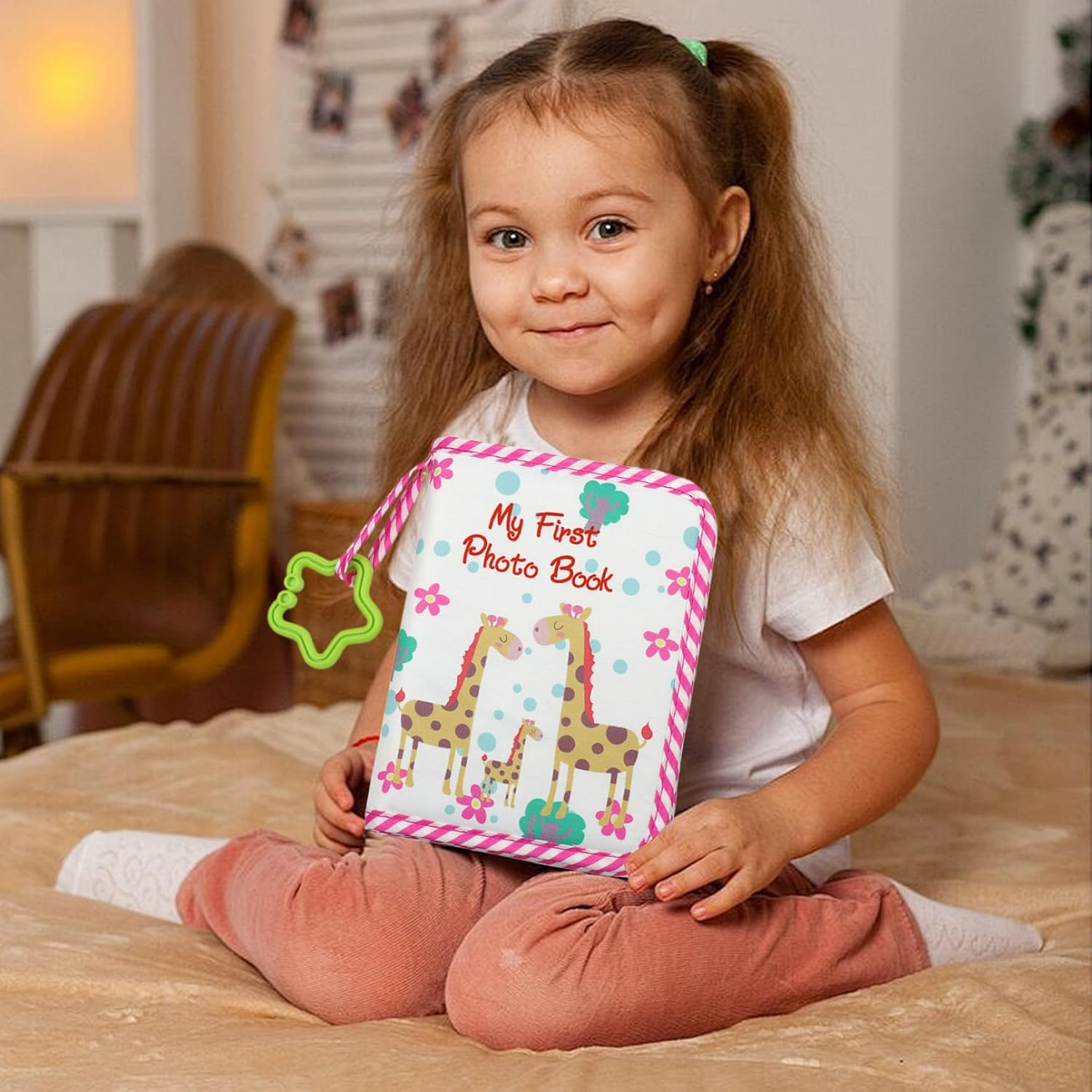 Baby Photo Albums Giraffe Family Pattern Baby Photo Book with Star-Shaped Cilp 6X7.5 Inch Soft Fabric Picture Album for Memorable Moment, Book, Albums image number 2