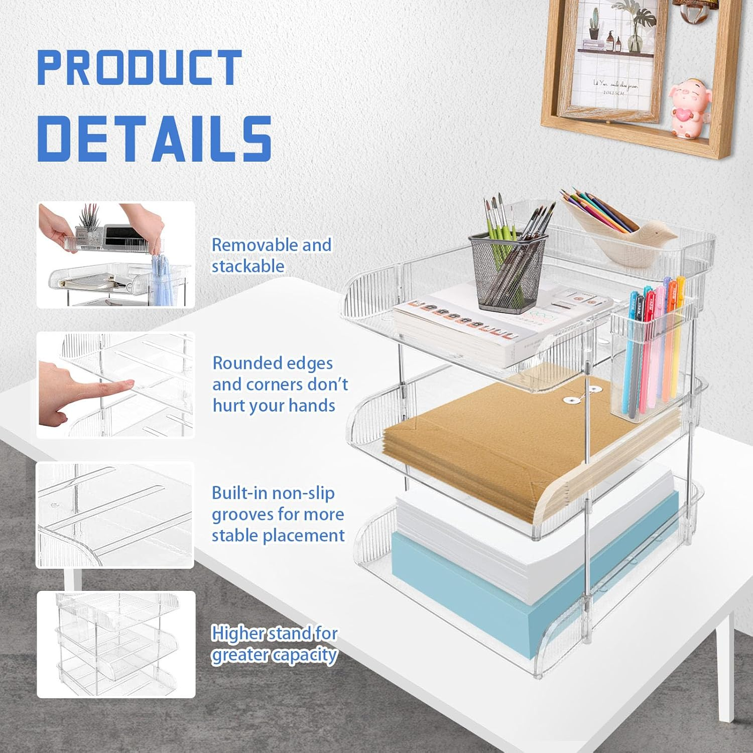 4 Tier Countertop Letter Tray, Clear Office Desk Letter Organisers, A4 File Tray, Stackable Paper Organiser, File Holder with Pen Holder and Extra Storage Box for Home Office School image number 5