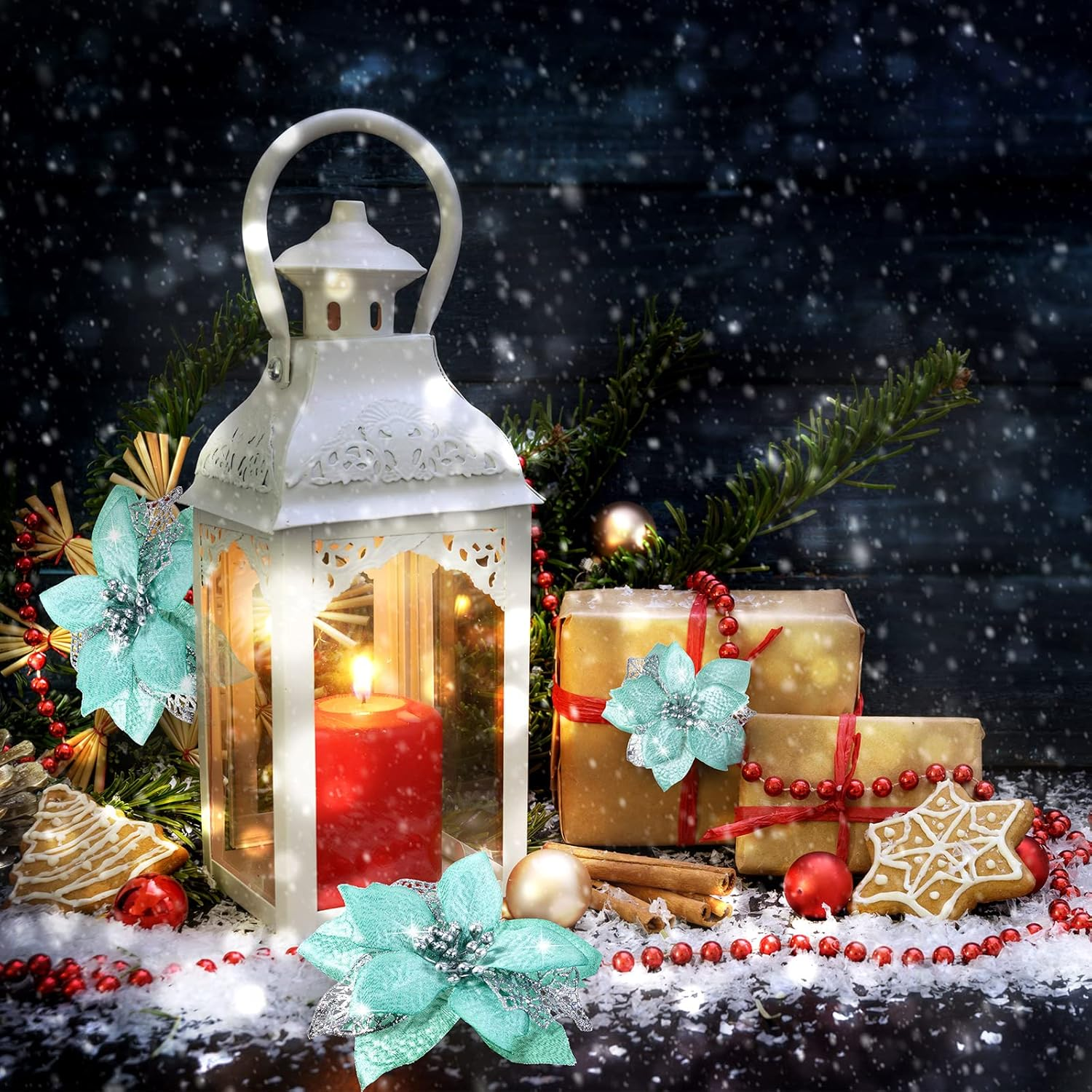 WILLBOND 36 Pieces Christmas Poinsettia Glitter Faux Flowers Christmas Artificial Flowers Tree Ornaments Topper Xmas Decorations(Blue-Green)